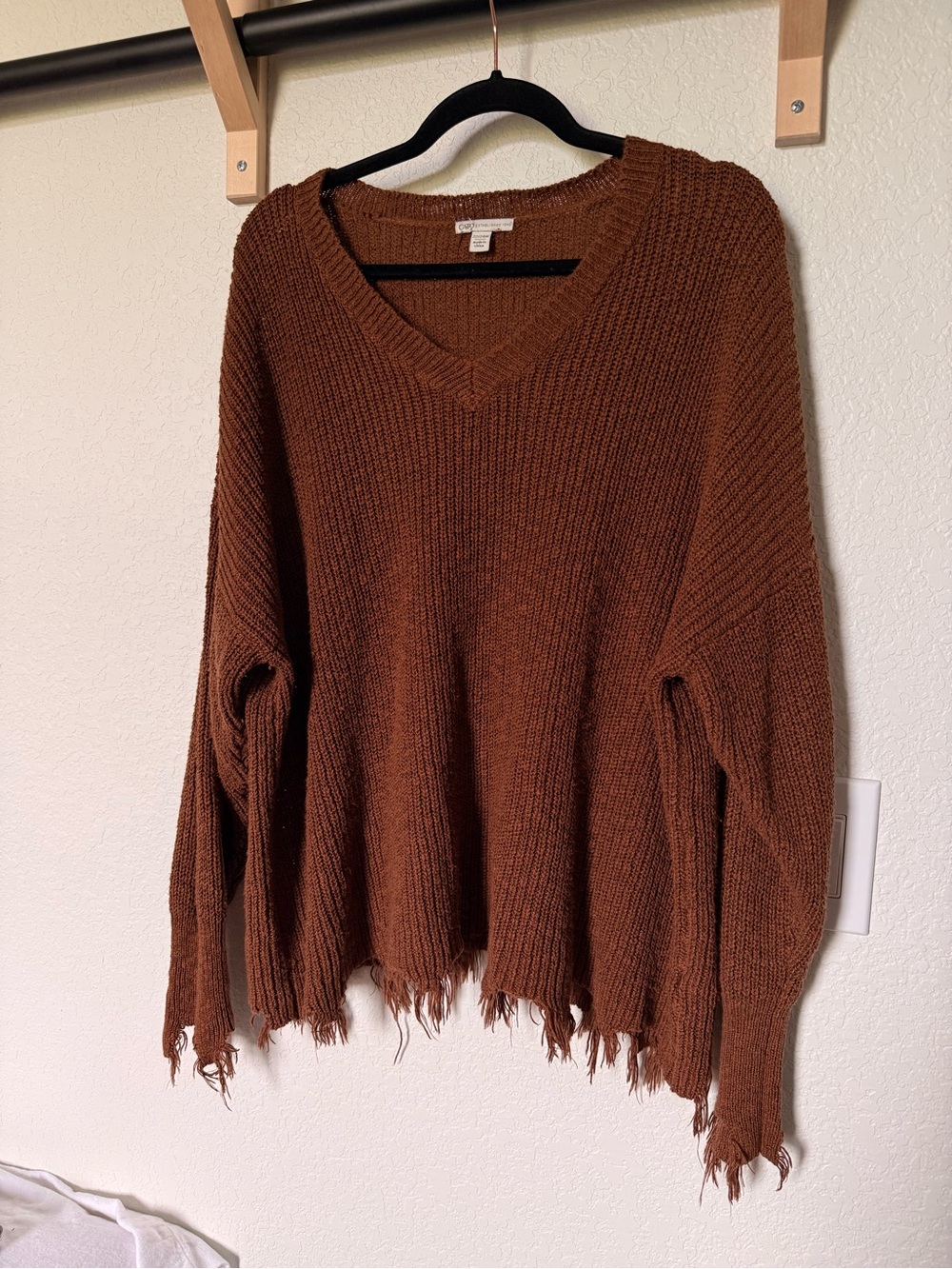 Cato Distressed V-Neck Sweater in Rust Brown